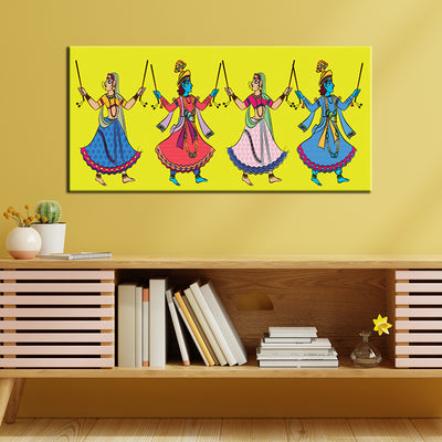 Dandiya Dancer In Madhubani Pattern Canvas Wall Painting