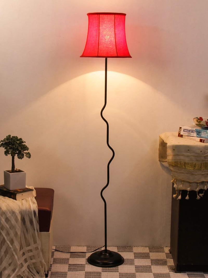 DecorGlance Lamps Soft Back Red Cotton Shade Floor Lamp with Black Base