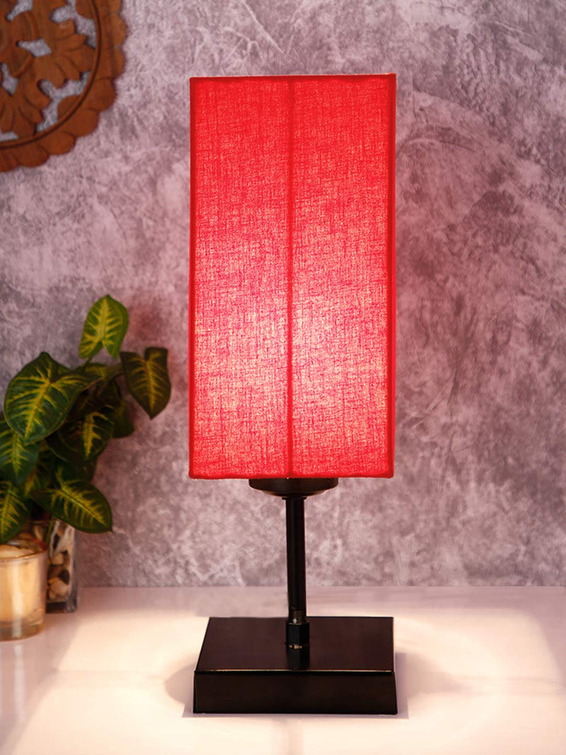 DecorGlance Lamps Square Red Cotton Shade Table Lamp with Iron Base