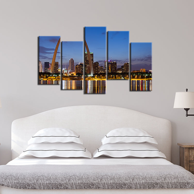 City Lake View Canvas Wall Painting- With 5 Frames