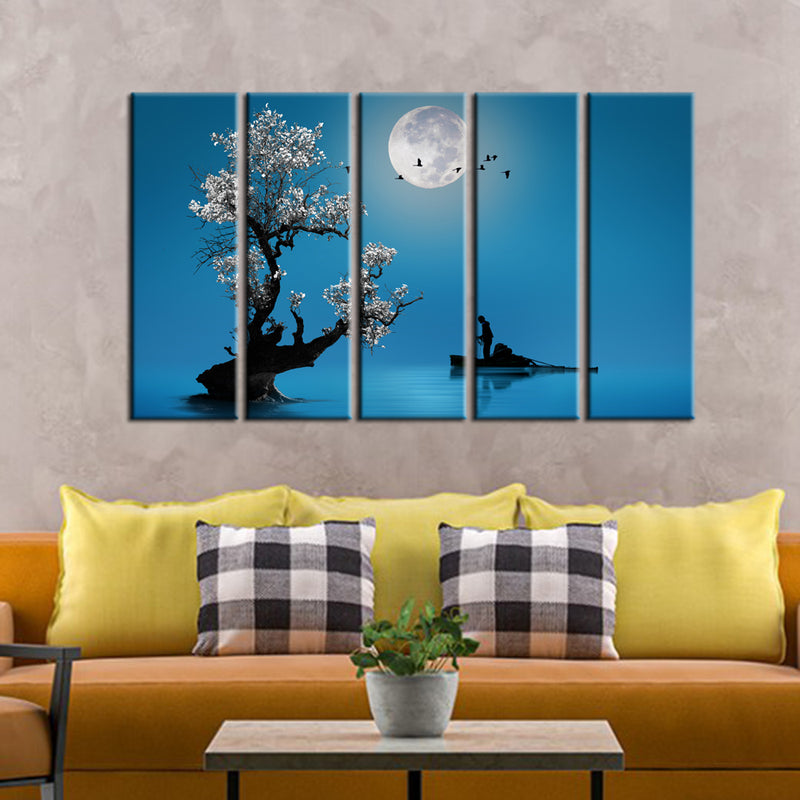 Fishing Under The Moon Light Canvas - With 5 Frames