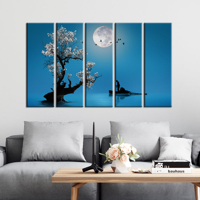 Fishing Under The Moon Light Canvas - With 5 Frames