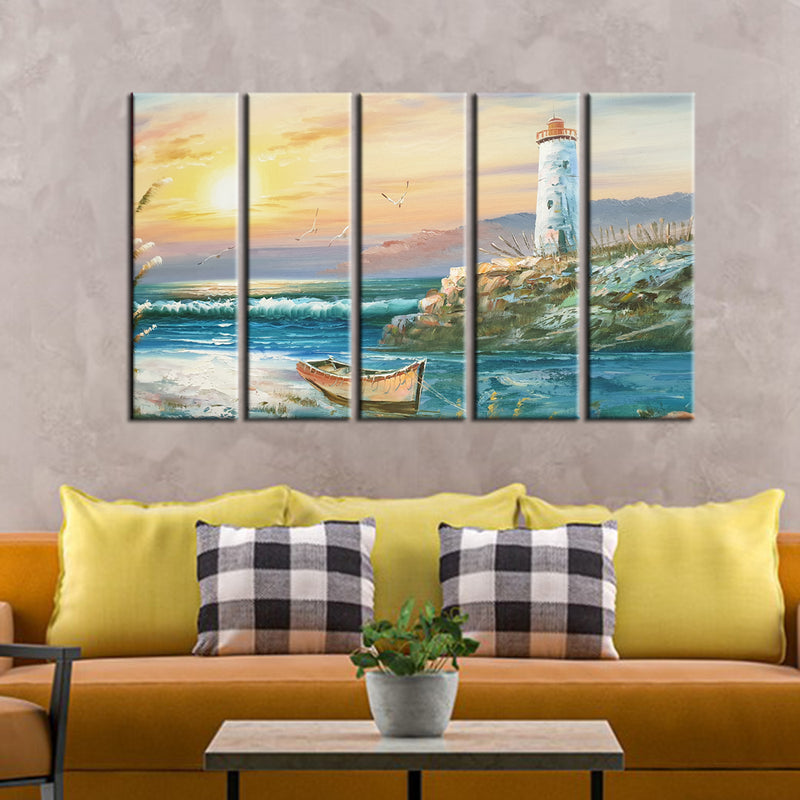 Lighthouse View Canvas Wall Painting- With 5 Frames