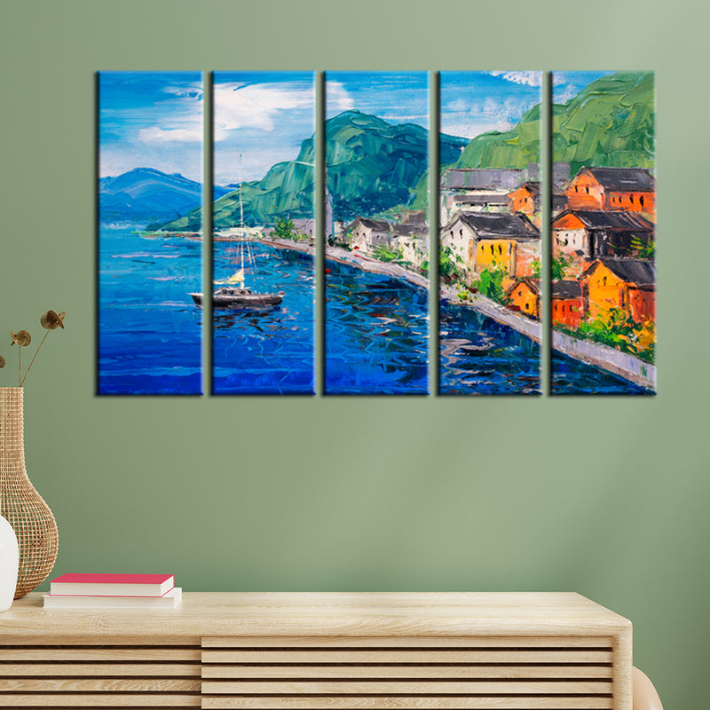 Lakeside Village Artistic Art Canvas Wall Painting- With 5 Frames