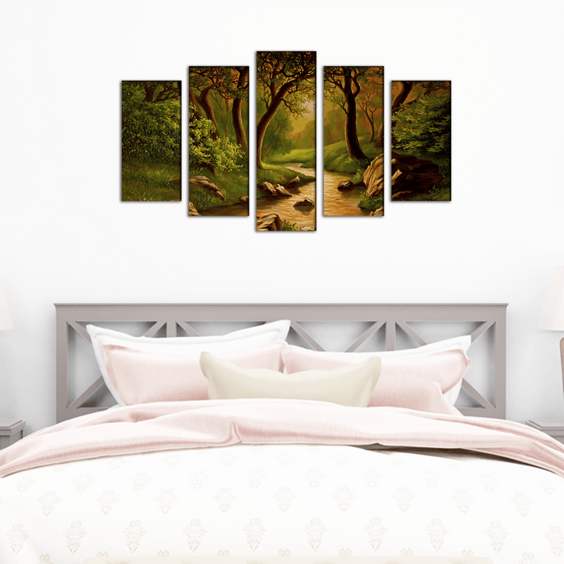 DECORGLANCE Panel painting Oil Color Forest Scenery Art Canvas Wall Painting- With 5 Frames