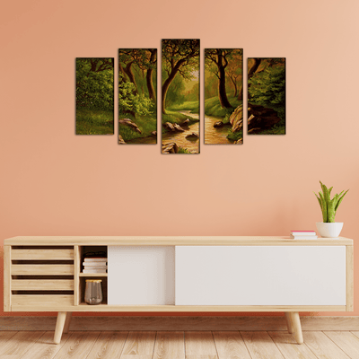 DECORGLANCE Panel painting Oil Color Forest Scenery Art Canvas Wall Painting- With 5 Frames