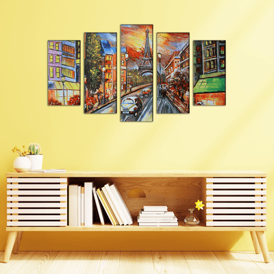 DECORGLANCE Panel painting Paris Scenery Artistic Wood Framed Canvas Wall Painting- With 5 Frames