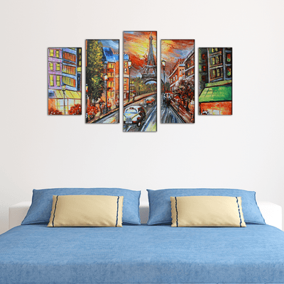 DECORGLANCE Panel painting Paris Scenery Artistic Wood Framed Canvas Wall Painting- With 5 Frames