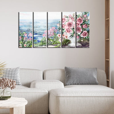 DECORGLANCE Panel painting Panel Painting Pink Floral & Sea View Canvas Wall Painting- With 5 Frames