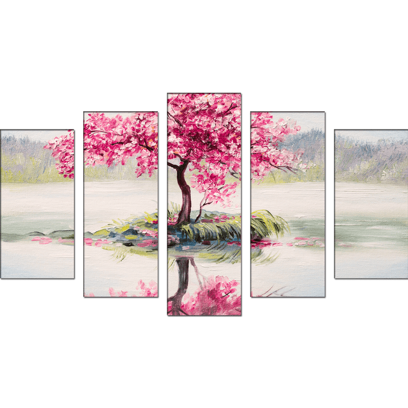 DECORGLANCE Panel painting Pink Flowers Tree Abstract Art Canvas Wall Painting- With 5 Frames
