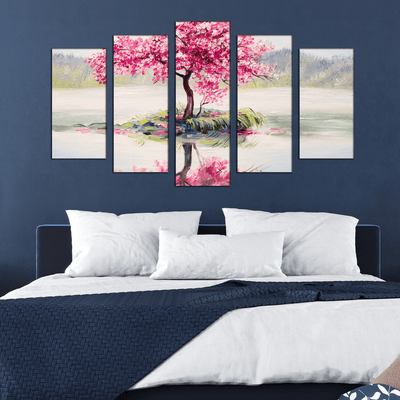 DECORGLANCE Panel painting Pink Flowers Tree Abstract Art Canvas Wall Painting- With 5 Frames