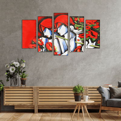 DECORGLANCE Panel painting Radha Krishna Modern Abstract Art Wood Framed Canvas Wall Painting- With 5 Frames