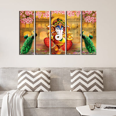 DECORGLANCE Panel painting Panel Painting Rajasthani Design lord Ganesha Canvas Wall Painting- With 5 Frames