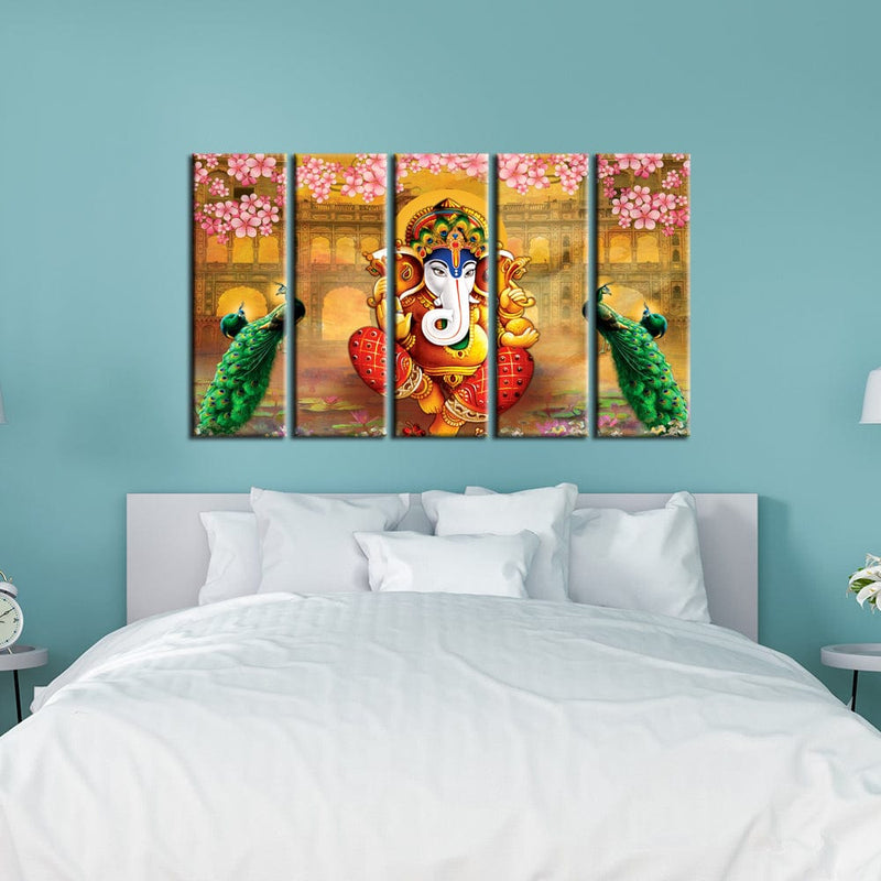 DECORGLANCE Panel painting Panel Painting Rajasthani Design lord Ganesha Canvas Wall Painting- With 5 Frames