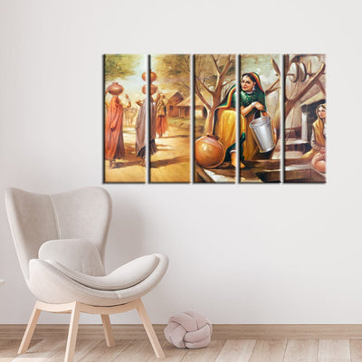 DECORGLANCE Panel painting Panel Painting Rajasthani Village View Wall Painting- With 5 Frames
