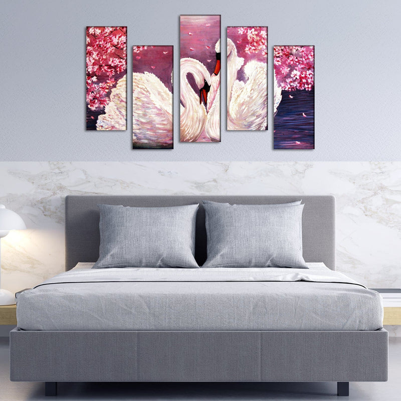 DECORGLANCE Panel painting Romantic Couple of Swans Canvas Wall Painting - With 5 Frames