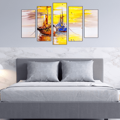 DECORGLANCE Panel painting Sailing Boat Canvas Wall Painting- With 5 Frames