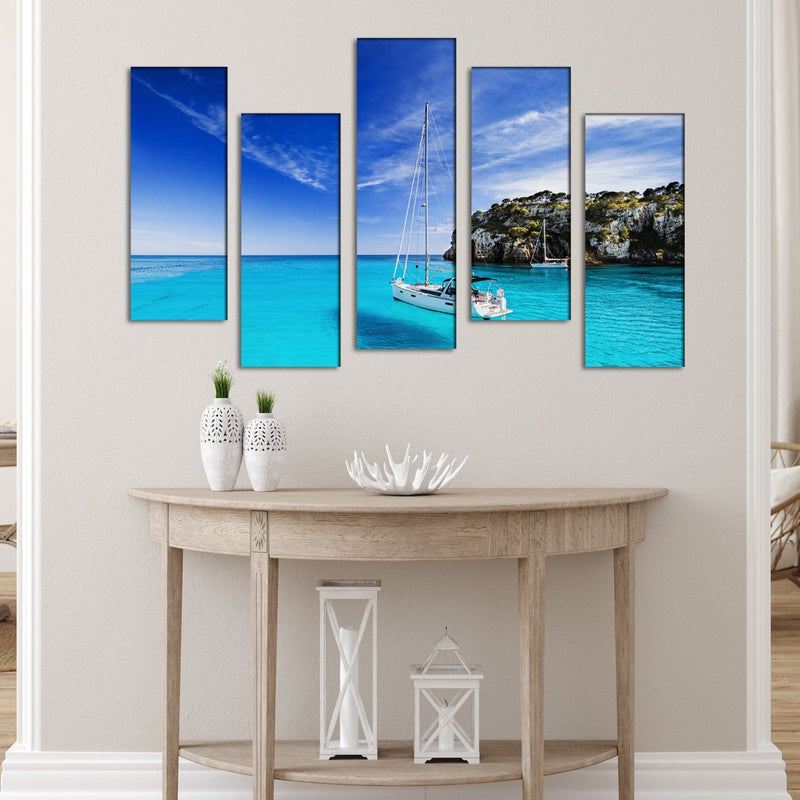 DECORGLANCE Panel painting Sea & Boat Scenery Canvas Wall Painting - With 5 Frames