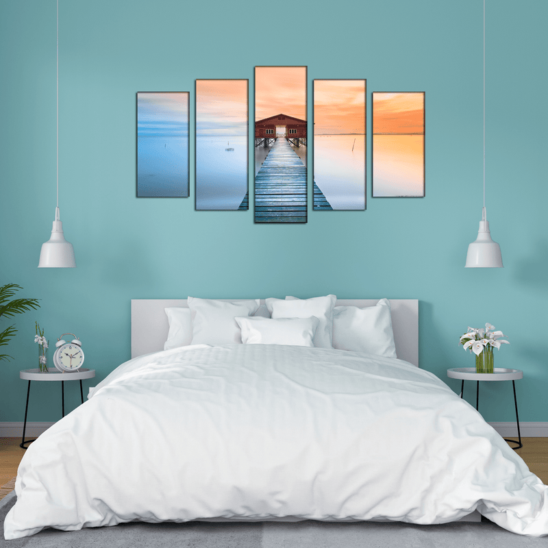 DECORGLANCE Panel painting Seaside Bridge In Sunset Canvas Panel Wall Painting - With 5 Frames