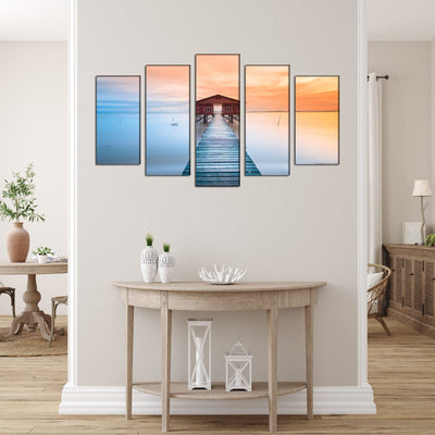 DECORGLANCE Panel painting Seaside Bridge In Sunset Canvas Panel Wall Painting - With 5 Frames