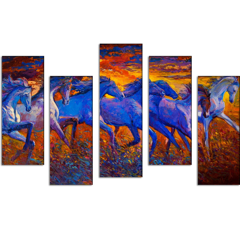 DECORGLANCE Panel painting Seven Horses Canvas Printed Panel Wall Painting - With 5 Frames