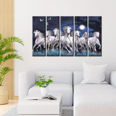 DECORGLANCE Panel painting Panel Painting Seven Horses Running At Night Canvas Wall Painting- With 5 Frames