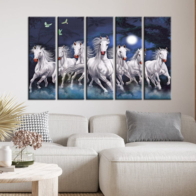 DECORGLANCE Panel painting Panel Painting Seven Horses Running At Night Canvas Wall Painting- With 5 Frames