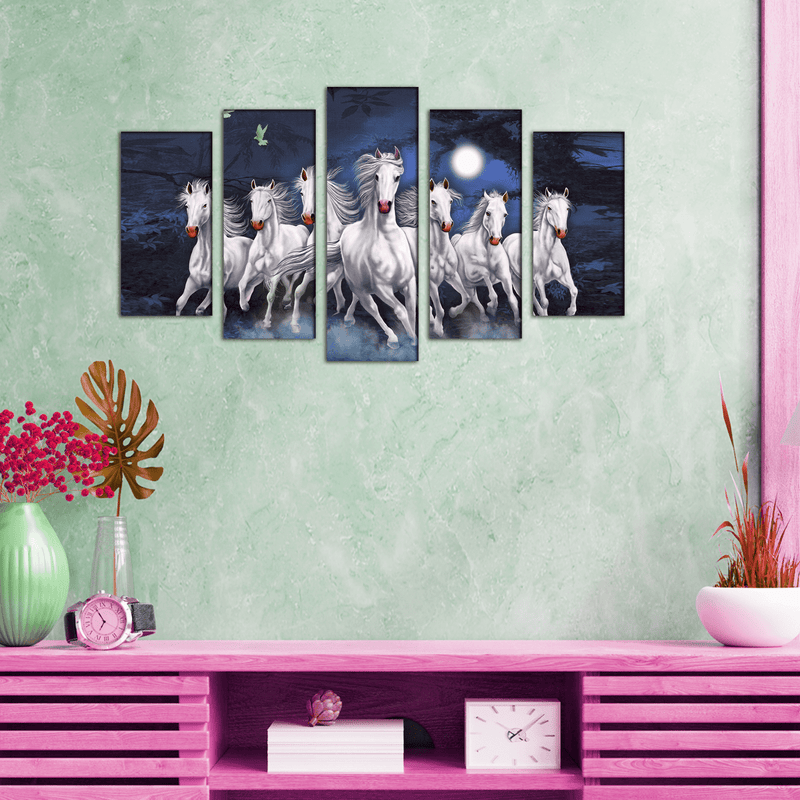 DECORGLANCE Panel painting Seven Horses Running At Night Canvas Wall Painting- With 5 Frames