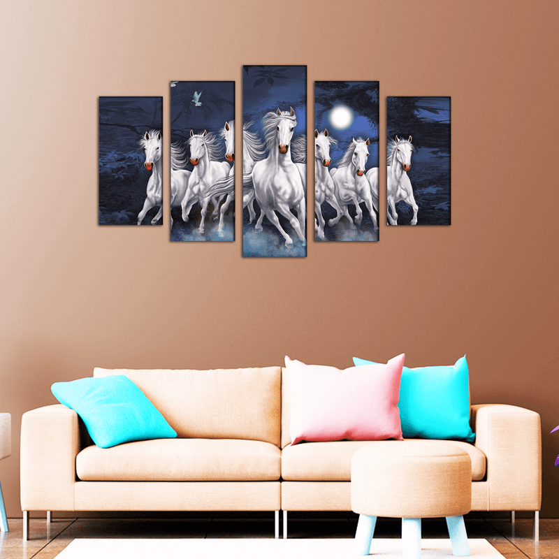 DECORGLANCE Panel painting Seven Horses Running At Night Canvas Wall Painting- With 5 Frames