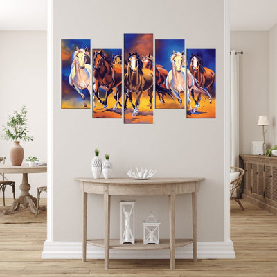 DECORGLANCE Panel painting Seven Running Horses Canvas Print Panel Wall Painting- With 5 Frames