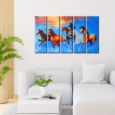 DECORGLANCE Panel painting Panel Painting Seven Running Horses Canvas Wall Painting- With 5 Frames