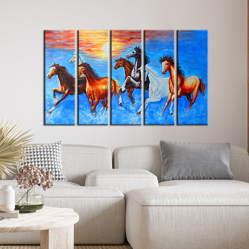 DECORGLANCE Panel painting Panel Painting Seven Running Horses Canvas Wall Painting- With 5 Frames