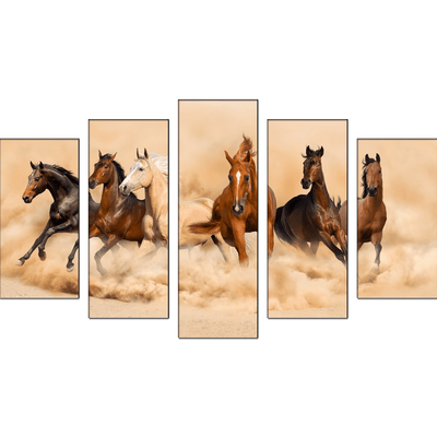 DECORGLANCE Panel painting Six Running Horses Canvas Panel Wall Painting - With 5 Frames