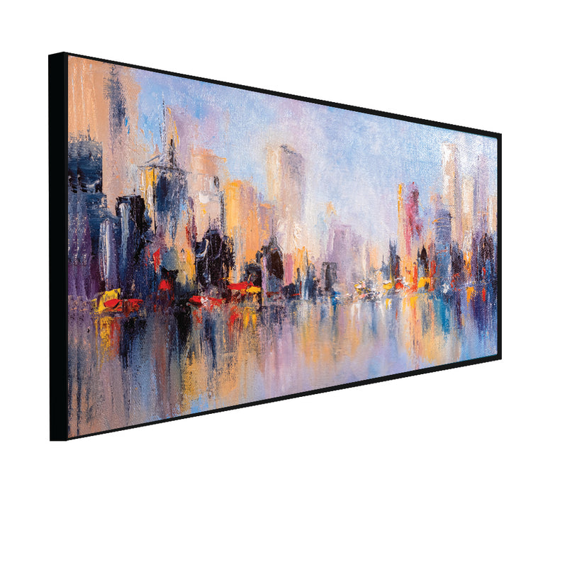 City View Reflections On Water Abstract Canvas Floating Frame Wall Painting