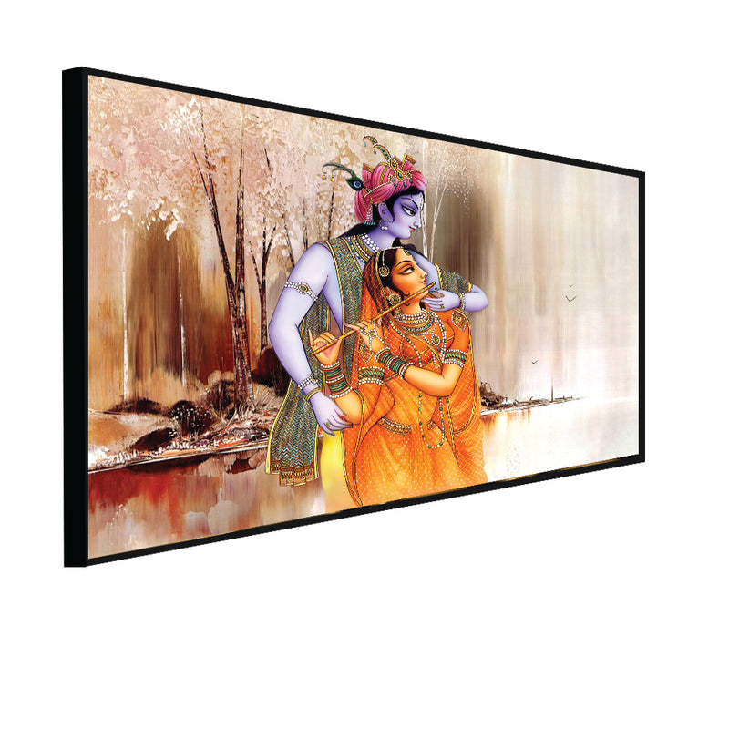 Artistic Radha Krishna Playing Flute Floating Frame Canvas Wall Painting