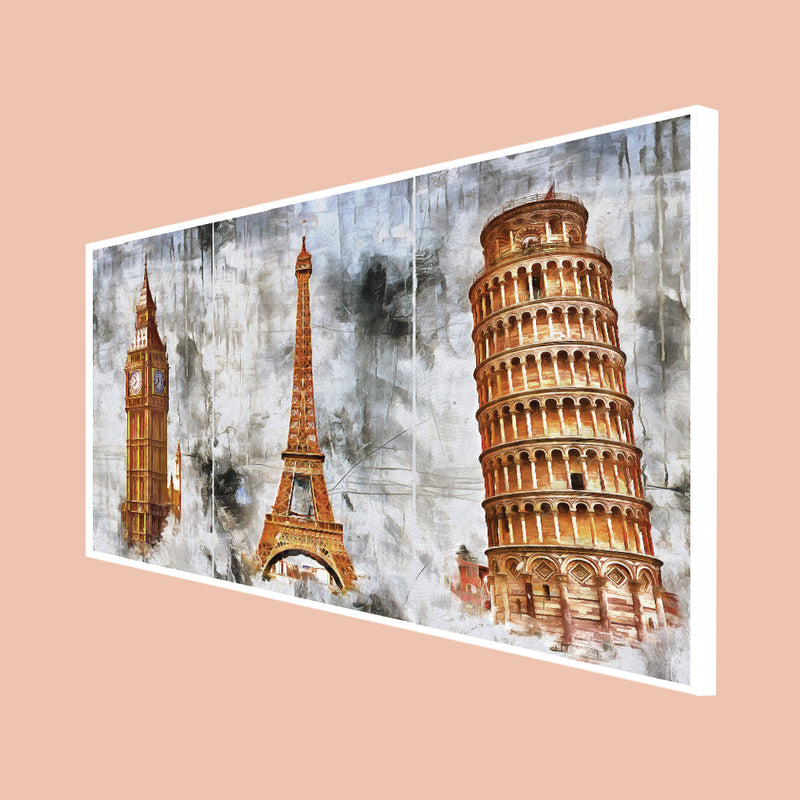 Eiffel Tower, Big Ben And Tower Of Pizzal Canvas Floating Frame Wall Painting