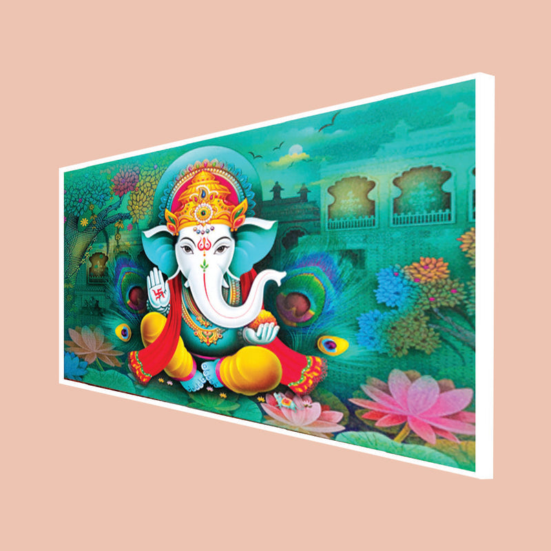 Blue Background Ganesha Floating Frame Canvas Wall Painting