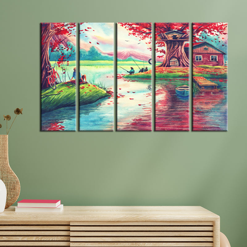 Oil Painting Village Scenery Canvas Wall Painting- With 5 Frames