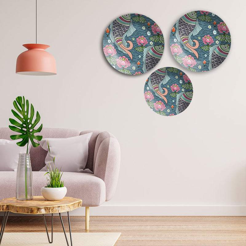 Madhubani Pattern Fish & Lotus Wall Plates Painting Set of Three