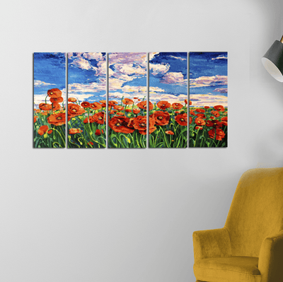 decorglance Poppy Flower Garden Canvas Wall Painting - With 5 Panel