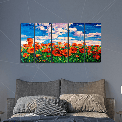 decorglance Poppy Flower Garden Canvas Wall Painting - With 5 Panel
