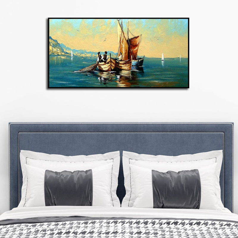 DecorGlance Posters, Prints, & Visual Artwork Oil Color Boat & River View Floating Frame Canvas Wall Painting