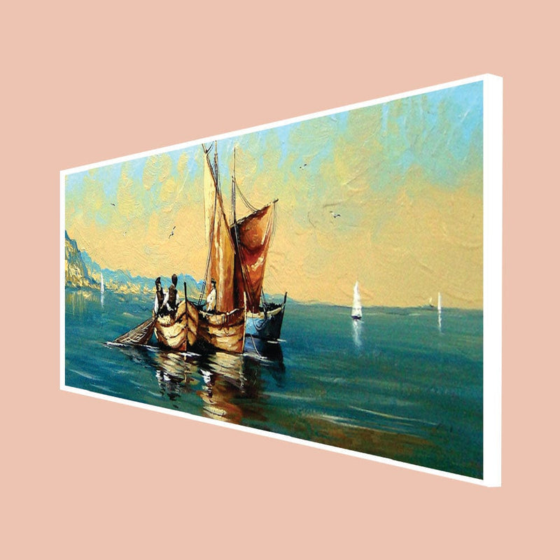 DecorGlance Posters, Prints, & Visual Artwork CANVAS PRINT WHITE FLOATING FRAME / (48x24) Inch / (121x60) Cm Oil Color Boat & River View Floating Frame Canvas Wall Painting