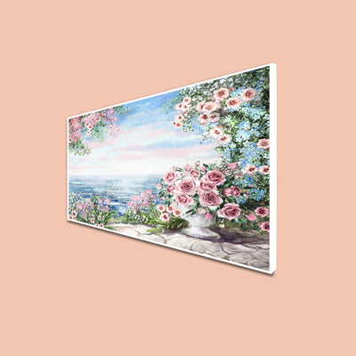 DecorGlance Posters, Prints, & Visual Artwork CANVAS PRINT WHITE FLOATING FRAME / (24 X 48) Inch / (60 X 121) Cm Pink Floral & Sea View Floating Frame Canvas Wall Painting