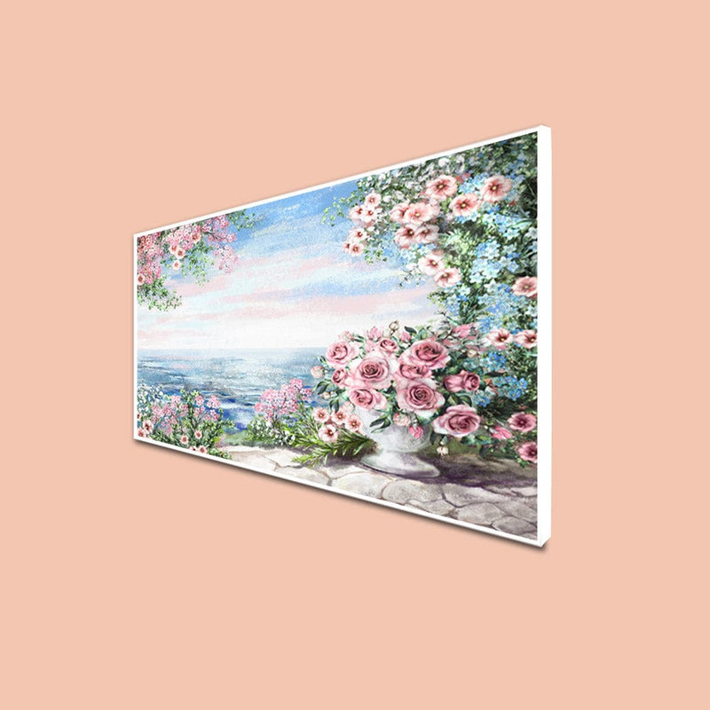 DecorGlance Posters, Prints, & Visual Artwork CANVAS PRINT WHITE FLOATING FRAME / (24 X 48) Inch / (60 X 121) Cm Pink Floral & Sea View Floating Frame Canvas Wall Painting