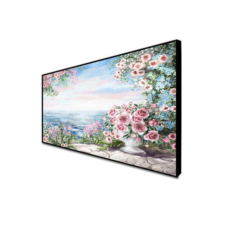 DecorGlance Posters, Prints, & Visual Artwork CANVAS PRINT BLACK FLOATING FRAME / (24 X 48) Inch / (60 X 121) Cm Pink Floral & Sea View Floating Frame Canvas Wall Painting