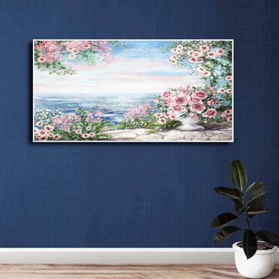 DecorGlance Posters, Prints, & Visual Artwork Pink Floral & Sea View Floating Frame Canvas Wall Painting