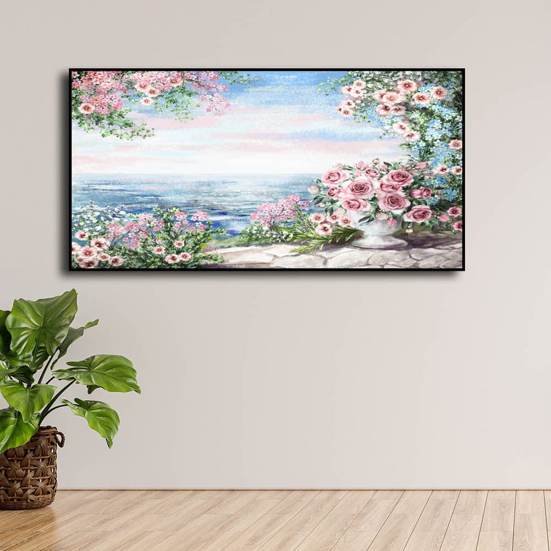 DecorGlance Posters, Prints, & Visual Artwork Pink Floral & Sea View Floating Frame Canvas Wall Painting