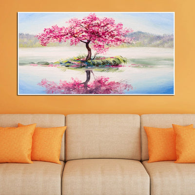 DecorGlance Posters, Prints, & Visual Artwork Pink Flowers Tree Abstract Art Floating Frame Canvas Wall Painting