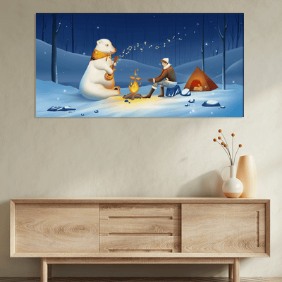 DECORGLANCE Posters, Prints, & Visual Artwork Polar Bear Playing Guitar In Snow Night Canvas Wall Painting